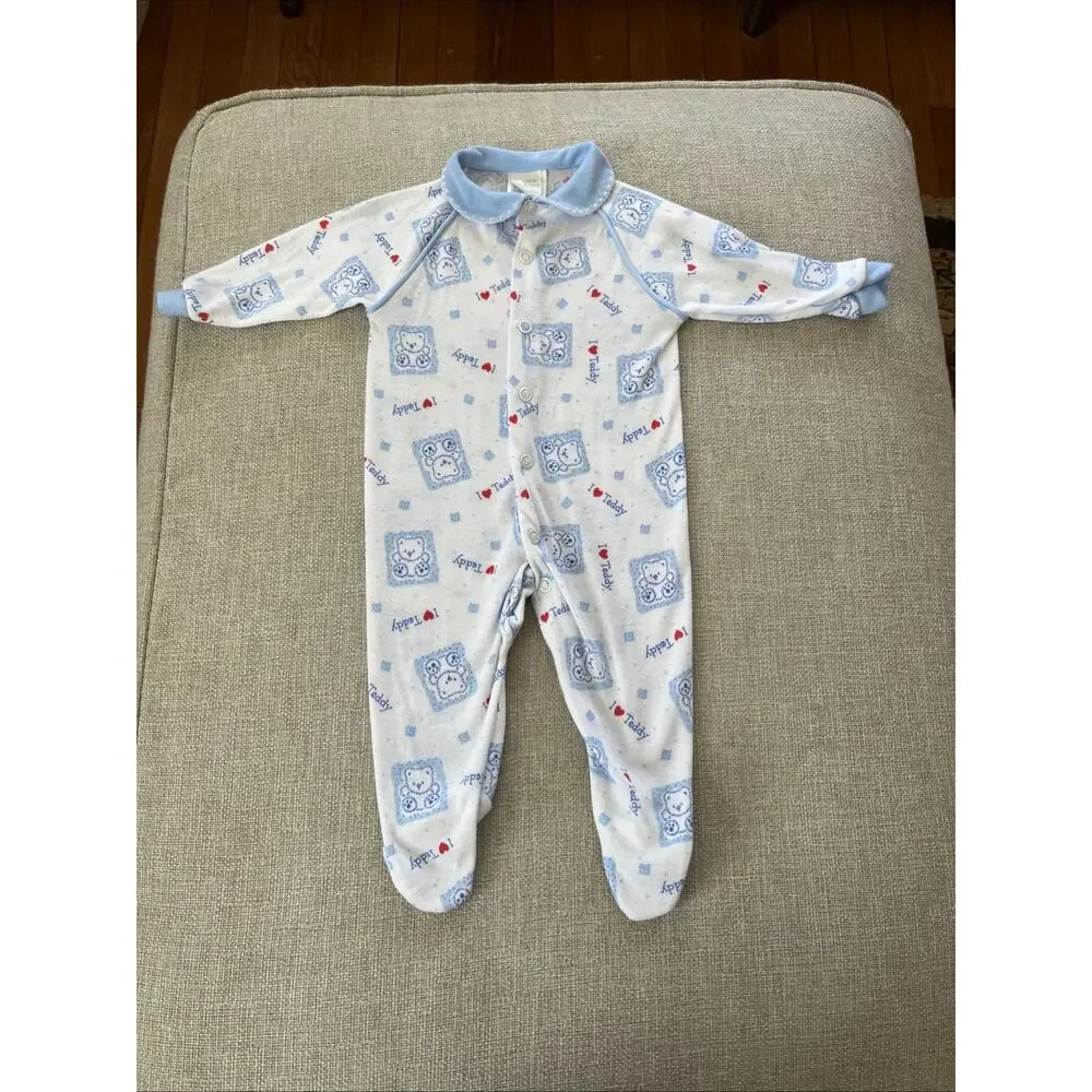 Vintage 70s Lot of 2 Red Corduroy Bib Overalls 6 mths Babygro Baby Sleeper Pjs